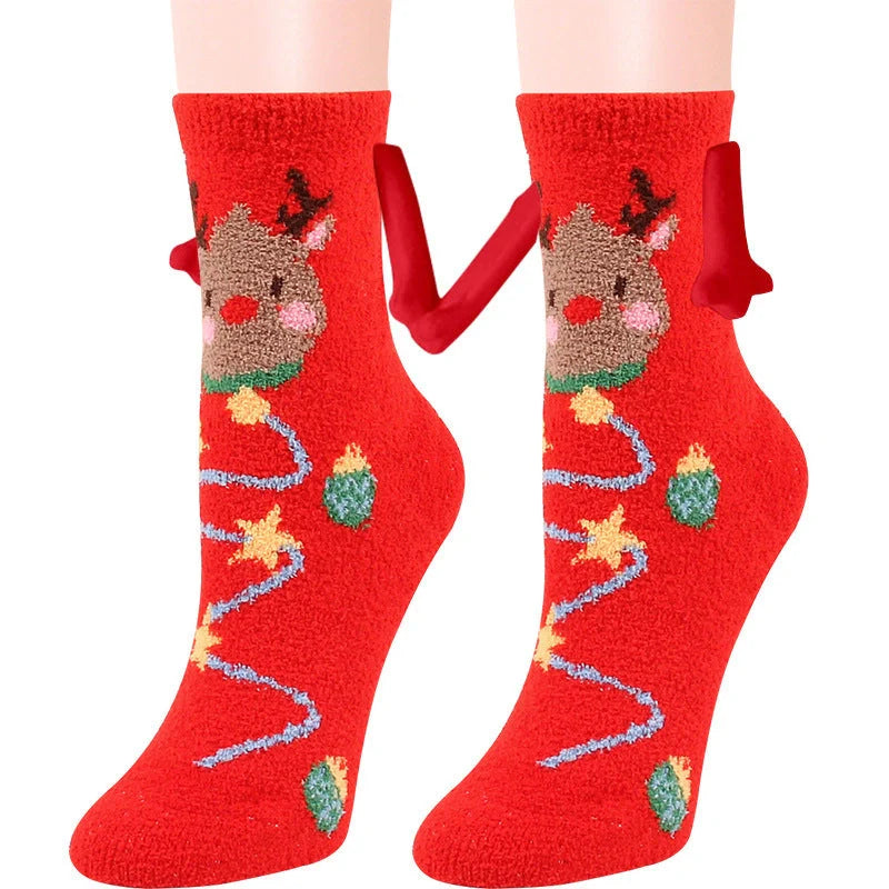 Christmas couple socks with magnetic suction feature for hand holding, in various animal patterns
