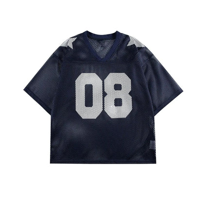 Black half sleeve loose fit shirt with white letter print, short sleeves, pullover style.