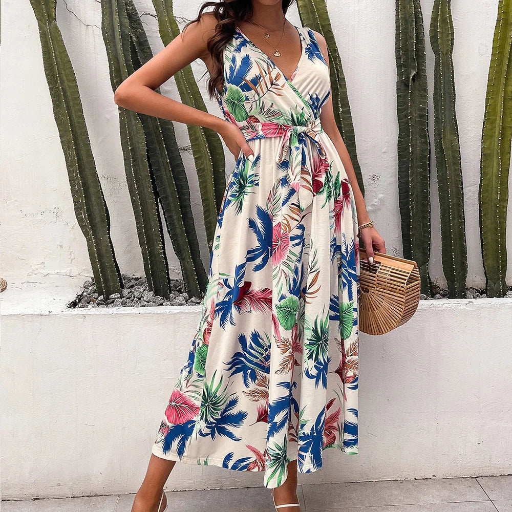 Women's Printed Lace-Up Resort Camisole Dress in black and apricot, perfect for summer outings