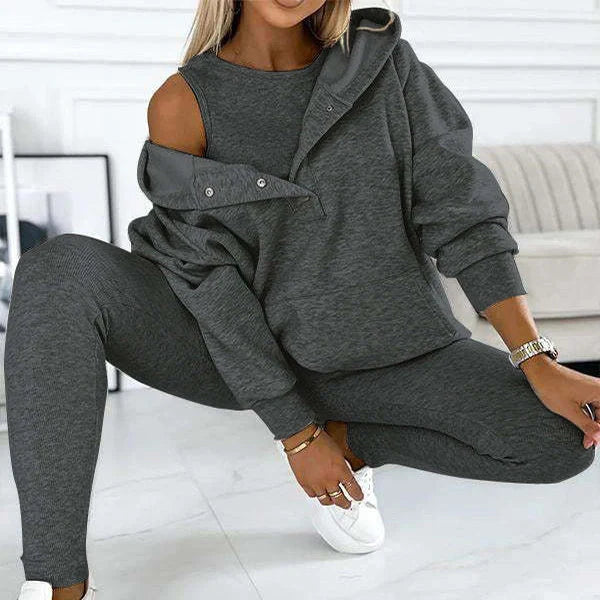 Women's 3-piece sports suit with hooded sweatshirt, vest, and slim trousers in various colours