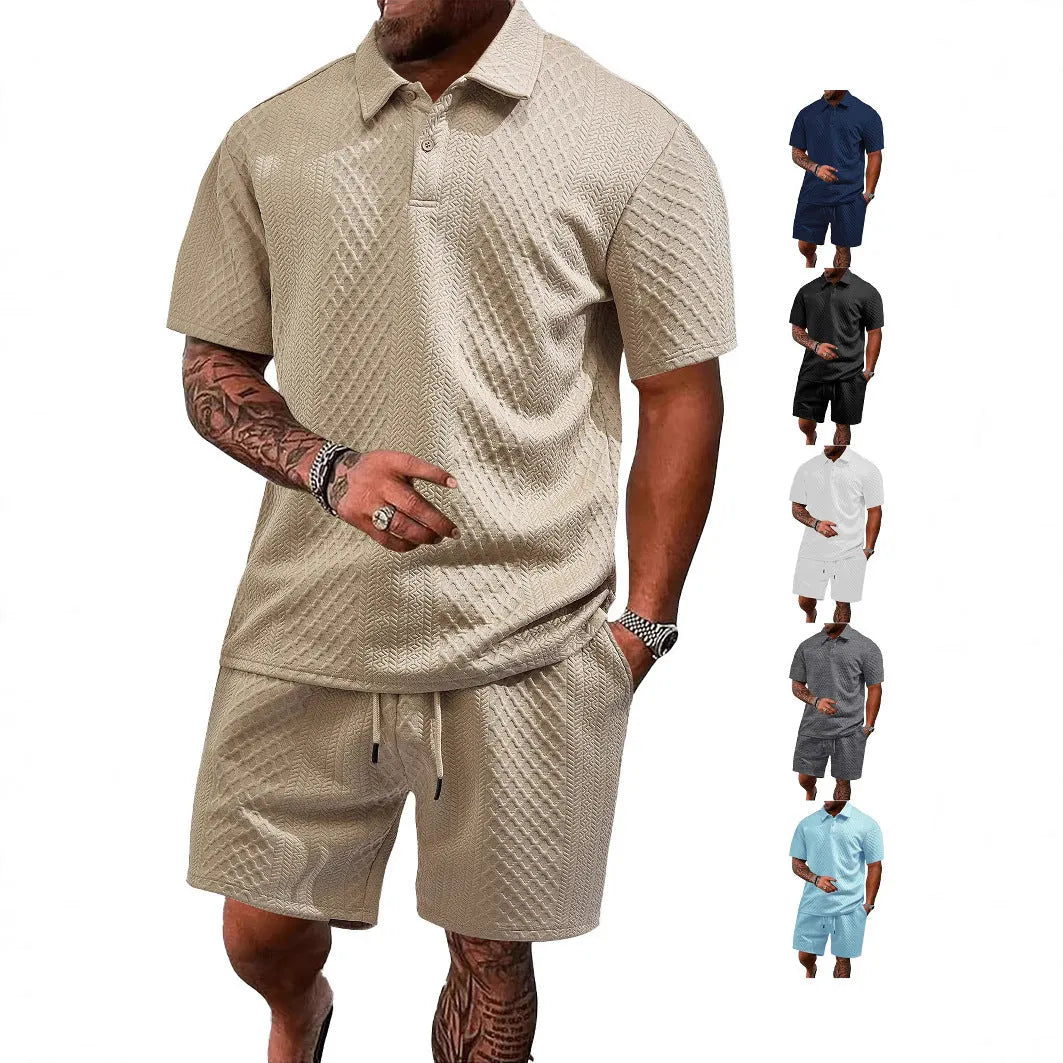 Men's patterned cloth short sleeve casual suit set in multiple colour options