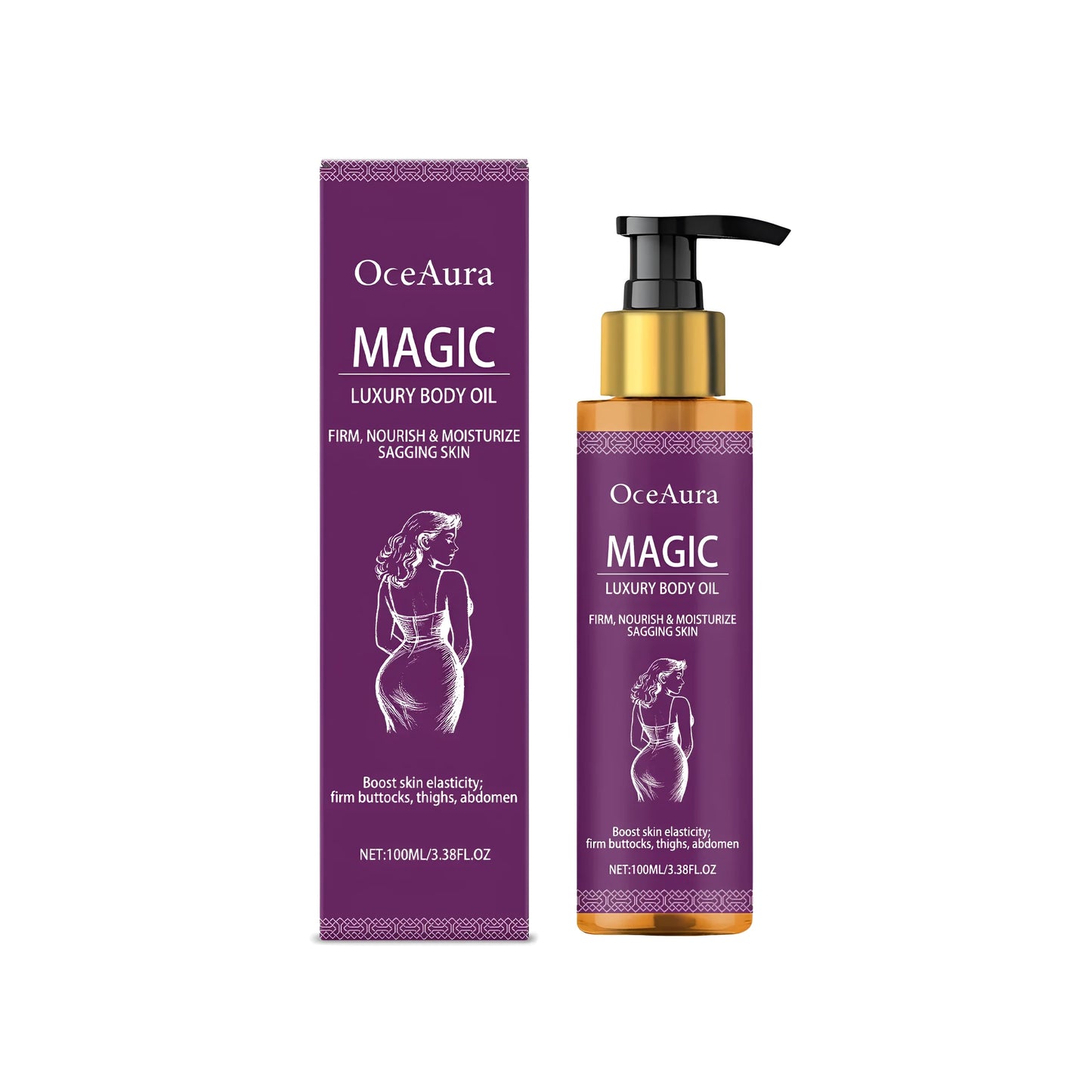 100ml bottle of luxury body oil with sweet almond and lavender, a tightening skin treatment