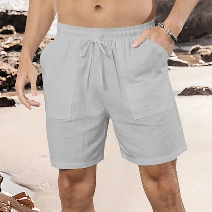 Men's light blue linen shorts with straight-leg cut on mannequin showing European sizing label