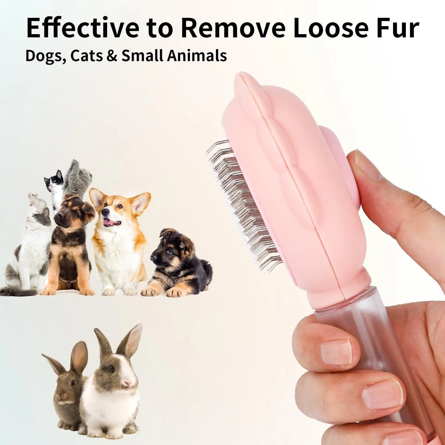 Spray cat brush with grey handle, stainless steel pins, and water spray function for grooming pets