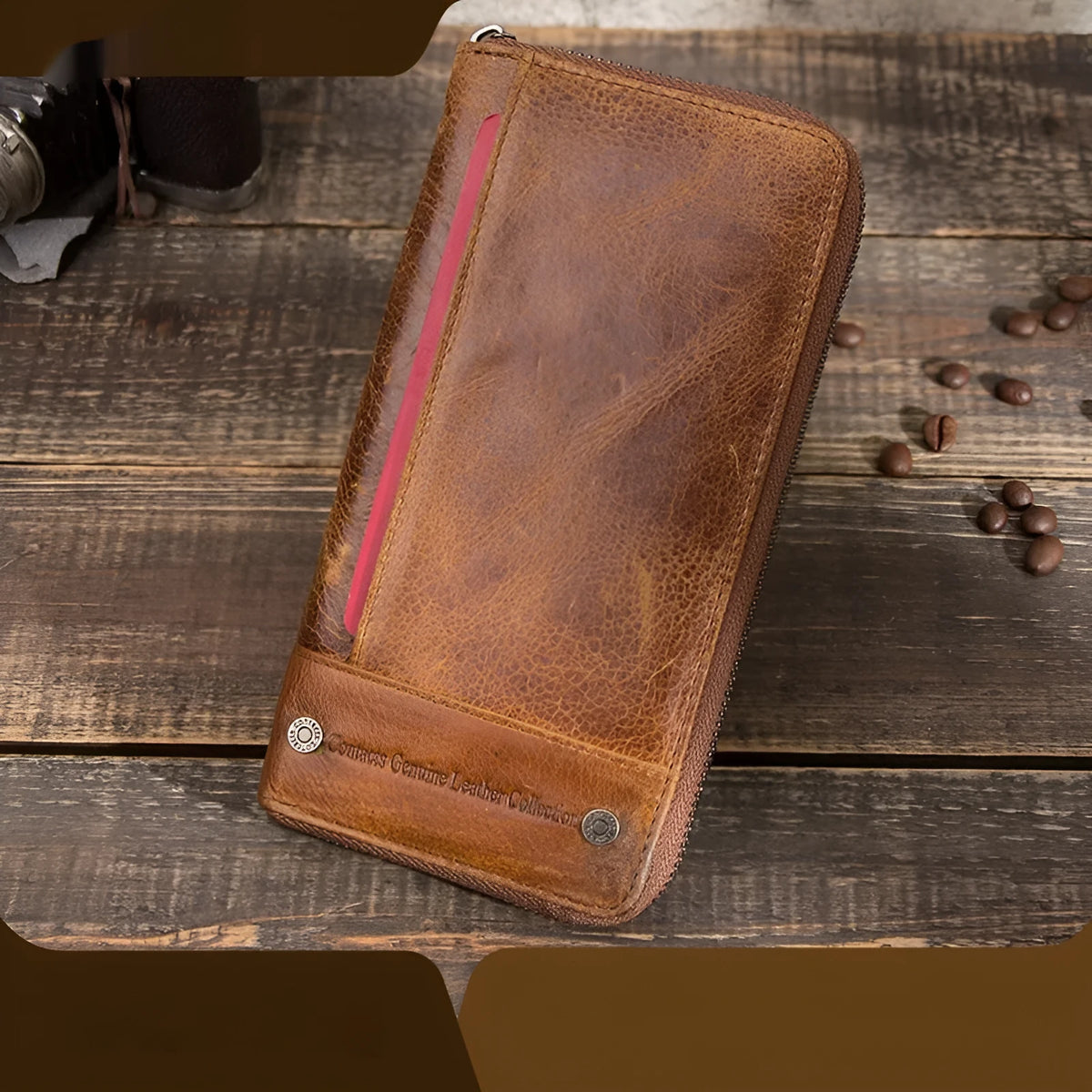 Men's brown genuine leather anti-theft wallet with zipper closure and card swiping function