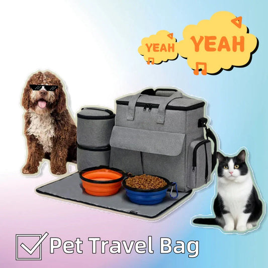 Gray dog travel bag kit with removable divider and multiple carrying options
