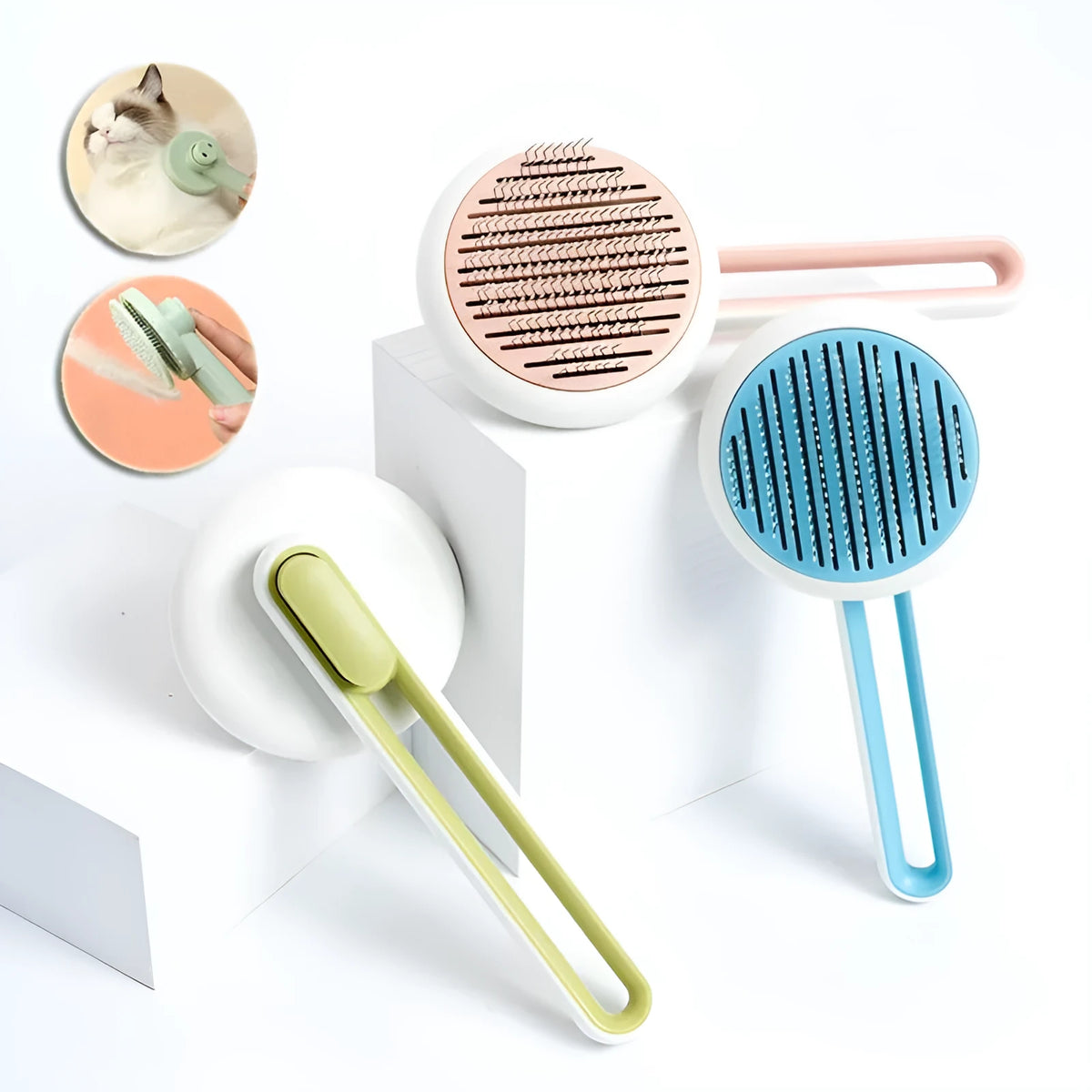 Automatic pet grooming brush with stainless steel teeth and coloured handle showing release button