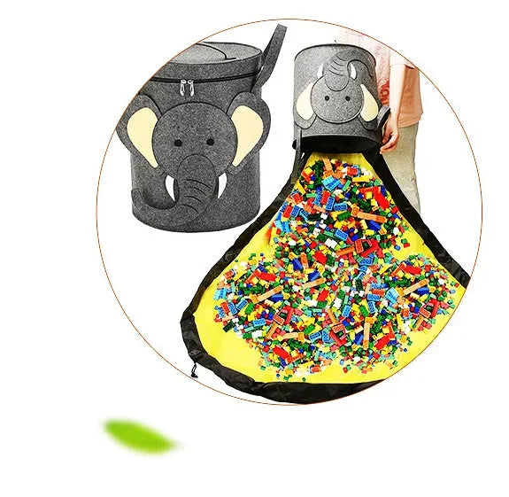 Green felt storage cube with pull rope unfolded flat to show 35cm square waterproof play mat