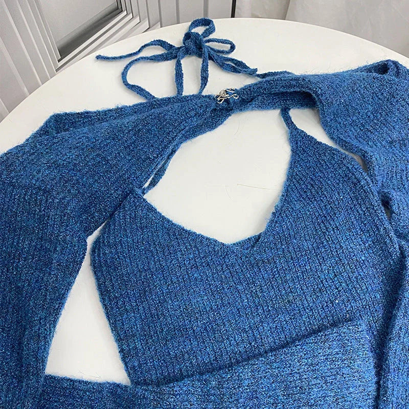 Off shoulder knitted sweater for women in black, blue, and apricot
