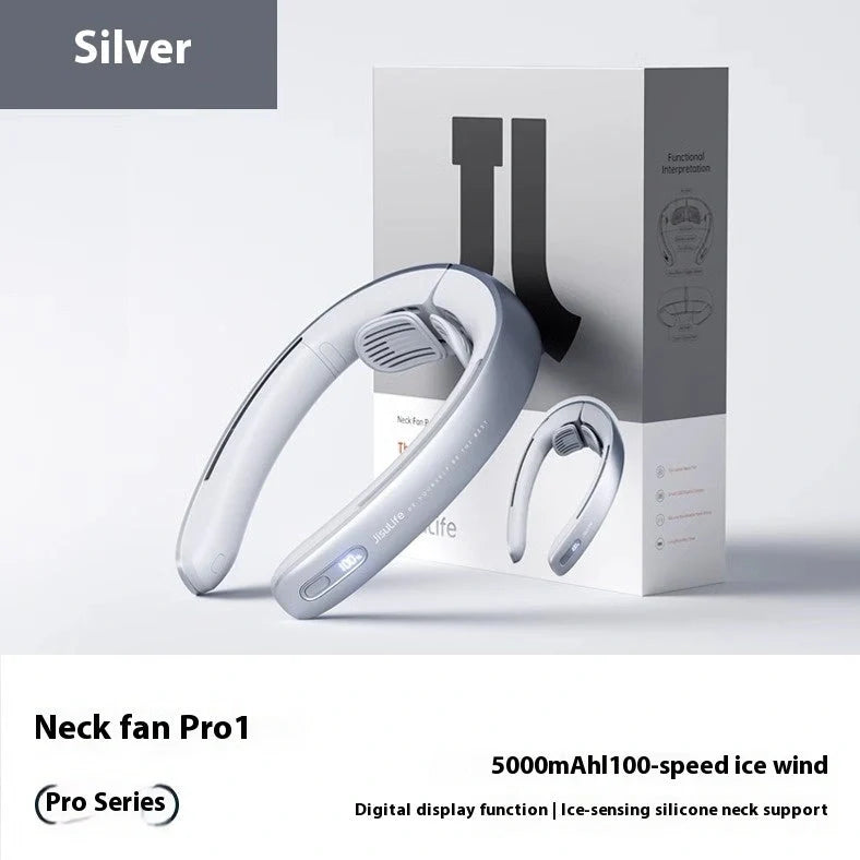 Silver grey hanging neck portable fan showing no-blade design and adjustable neck band