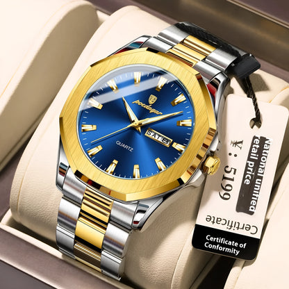Men's steel strap quartz watch with 9mm thick case in a business style, showing colour options.