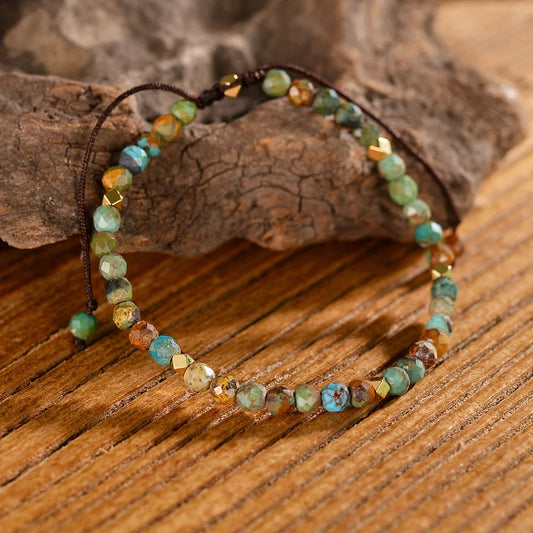 Adjustable natural African turquoise braided bracelet with irregular stone arrangement