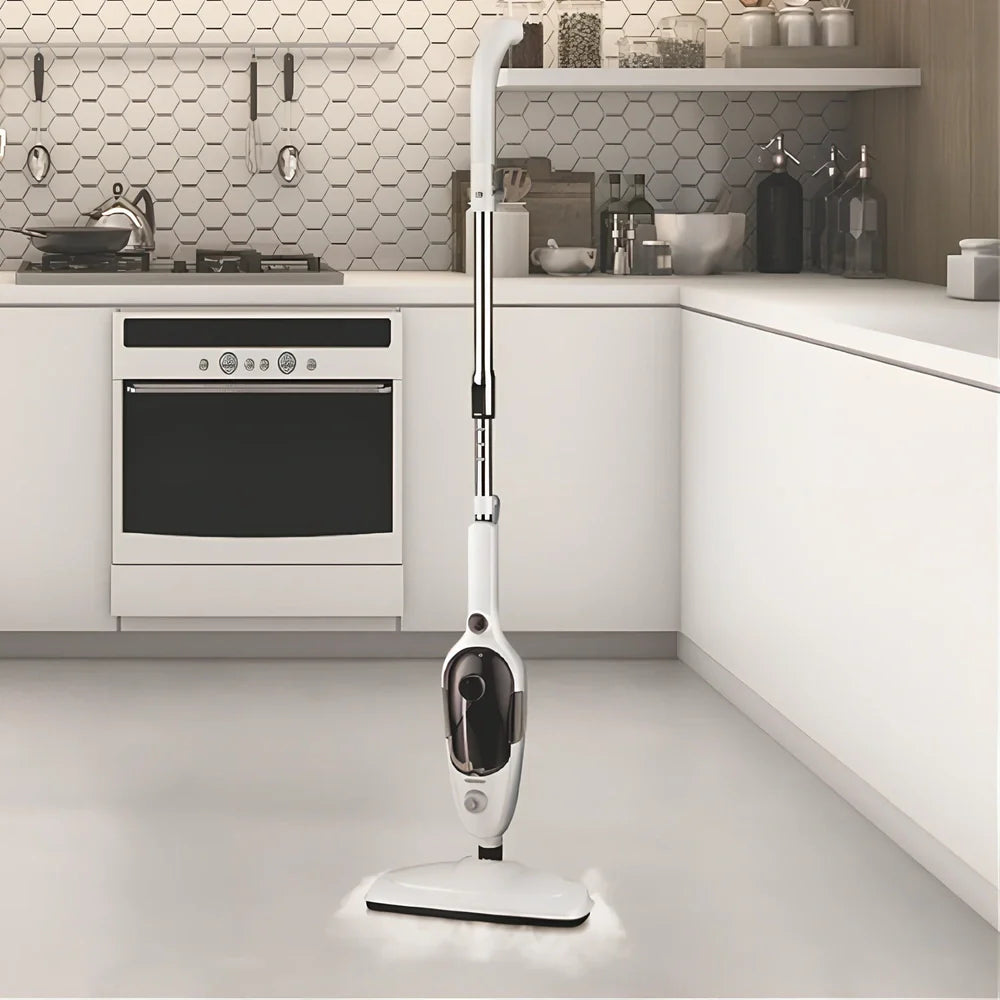 White multifunctional steam mop with 22x29x120cm dimensions, 10-in-1 accessories, and rectangular base for floor cleaning