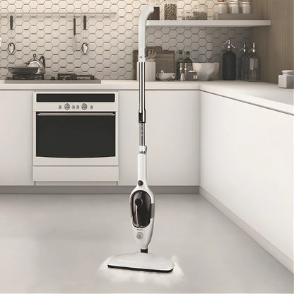 White multifunctional steam mop with 22x29x120cm dimensions, 10-in-1 accessories, and rectangular base for floor cleaning
