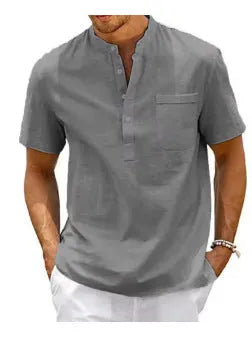 Men's solid colour short sleeve polo shirt with stand collar and loose fit, bird eye cloth, summer top.