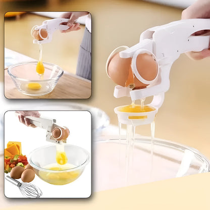 White handheld egg cracker and separator kitchen tool with curved plastic design