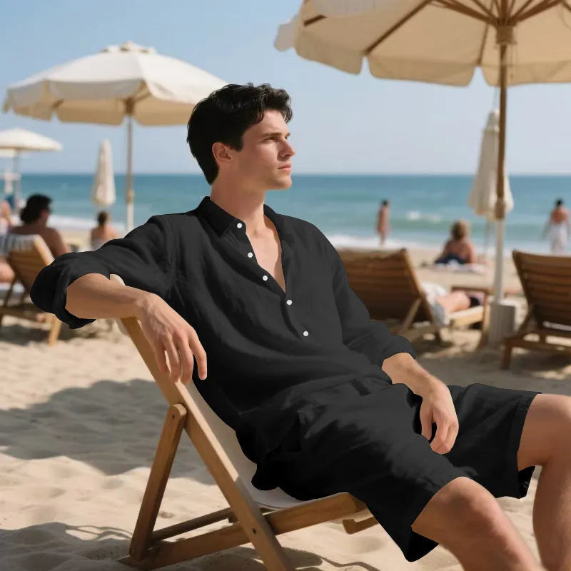 Linen long sleeve shirt and shorts casual suit set shown in available colours: white, black, khaki, light blue, gray.