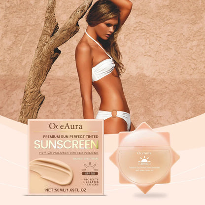 SPF50+ sunscreen cream in 50ml tube with titanium dioxide and hyaluronic acid for summer protection