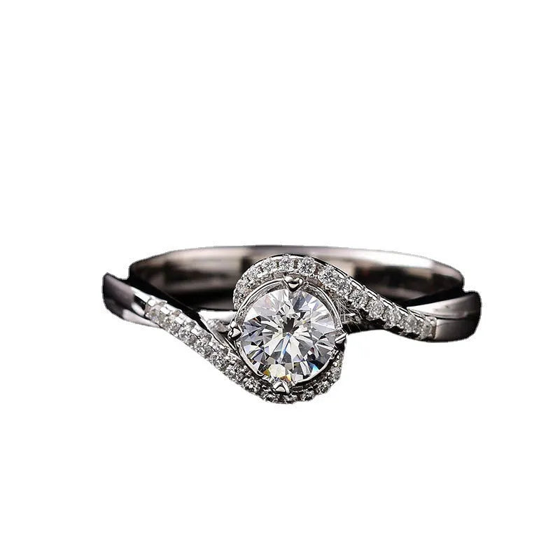 Silver adjustable open mouth women's ring with 8mm synthetic moissanite angel eyes and geometric texture