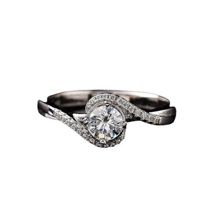 Silver adjustable open mouth women's ring with 8mm synthetic moissanite angel eyes and geometric texture