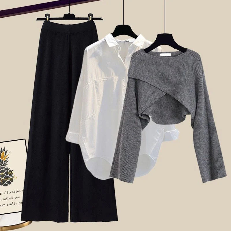 Women's 3-piece knitted sweater suit with shirt and wide-leg pants in grey and white