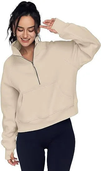 Women's loose lapel fleece-lined sweater in a solid colour with raglan long sleeves.