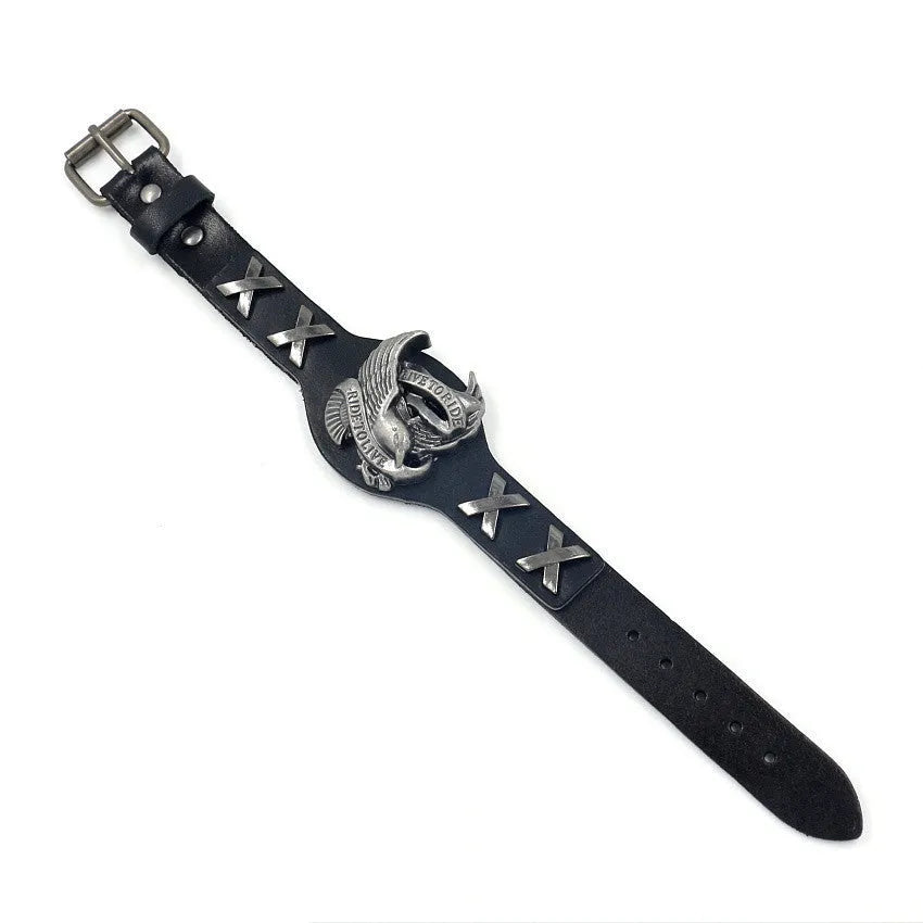 Black geometric leather bracelet with a detailed alloy eagle watch buckle closure.