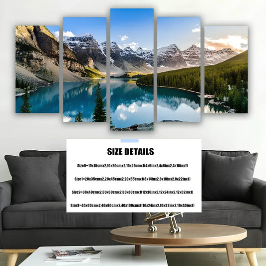 5-piece modular canvas wall art of Moraine Lake with turquoise water and mountains, available framed or unframed in sizes 30x50cm to 60x80cm per panel