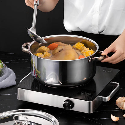 15-piece stainless steel cookware set with 12 pots, glass lids, non-stick pans, and utensils nested at 45x27x17cm