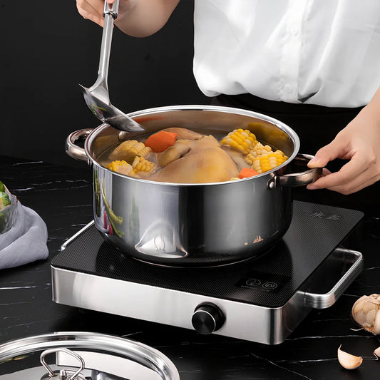 15-piece stainless steel cookware set with 12 pots, glass lids, non-stick pans, and utensils nested at 45x27x17cm