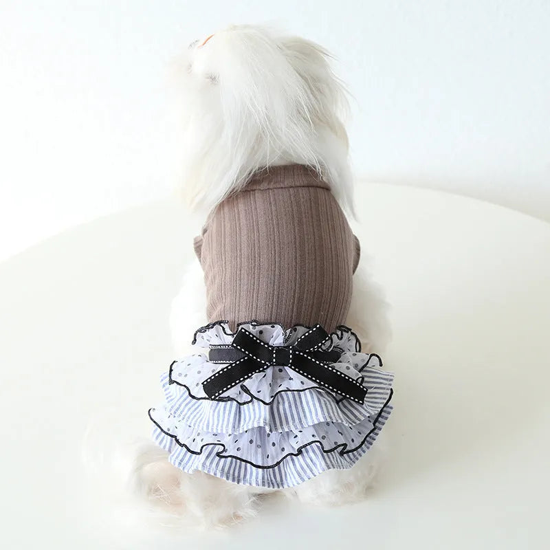 Polka dot lace cake princess dress for pets in taro purple, charcoal black, or iced coffee colours