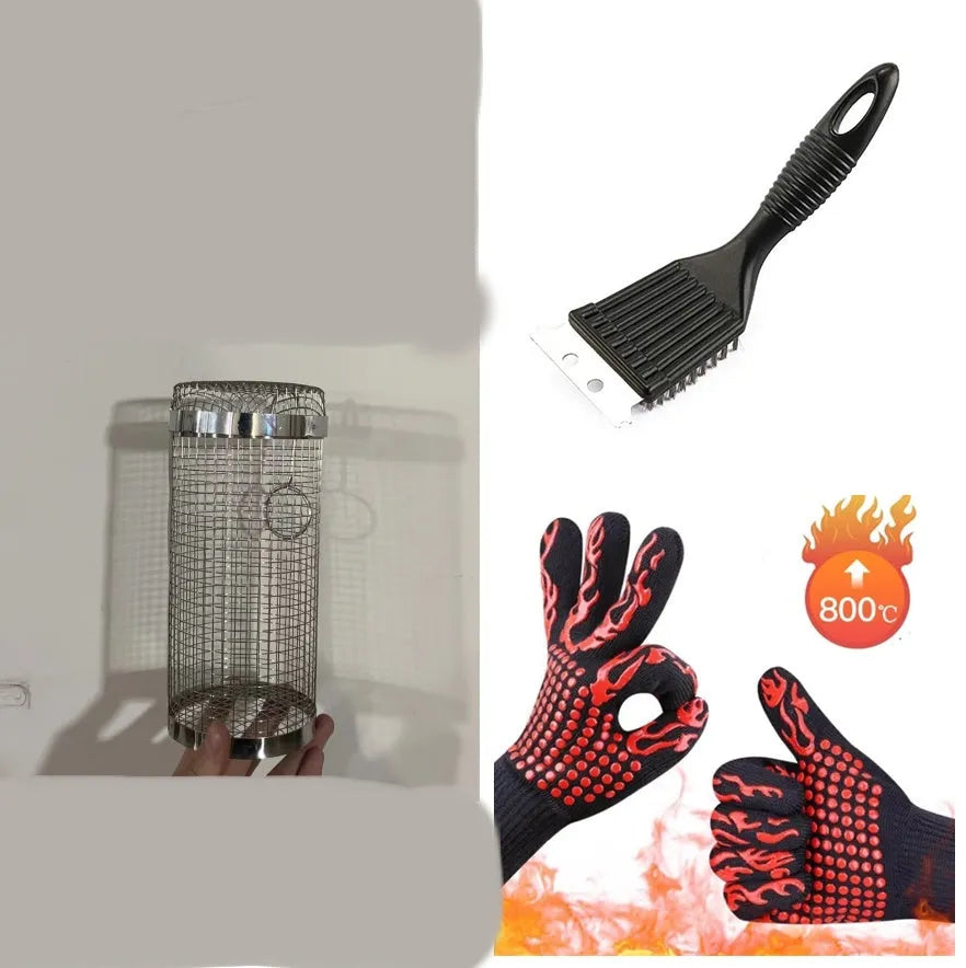 Silver iron wire rolling cylinder BBQ basket with mesh design and a hook for grilling.