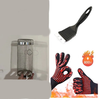 Silver iron wire rolling cylinder BBQ basket with mesh design and a hook for grilling.