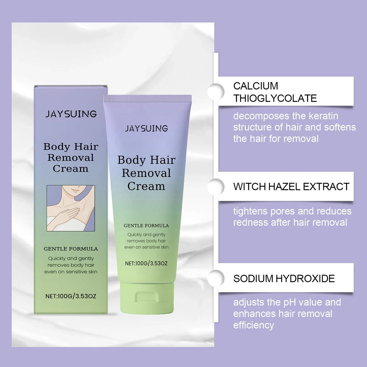 100g tube of moisturising hair removal cream with witch hazel and glycerin for legs, arms, bikini area