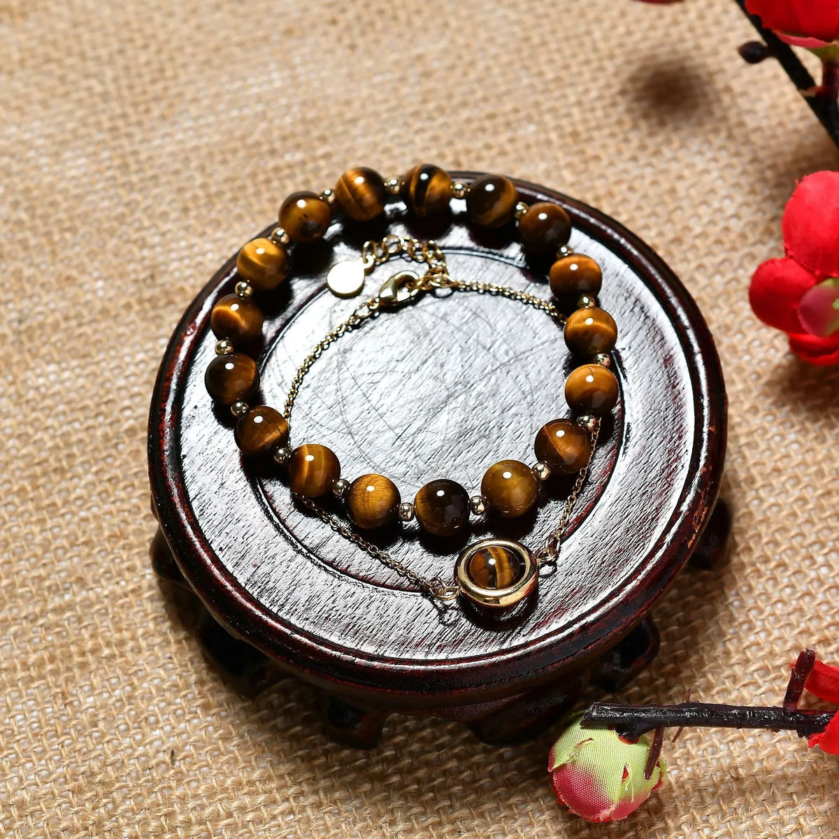 Double-layer women's bracelet with lucky beads and colourful crystals in gold-toned setting