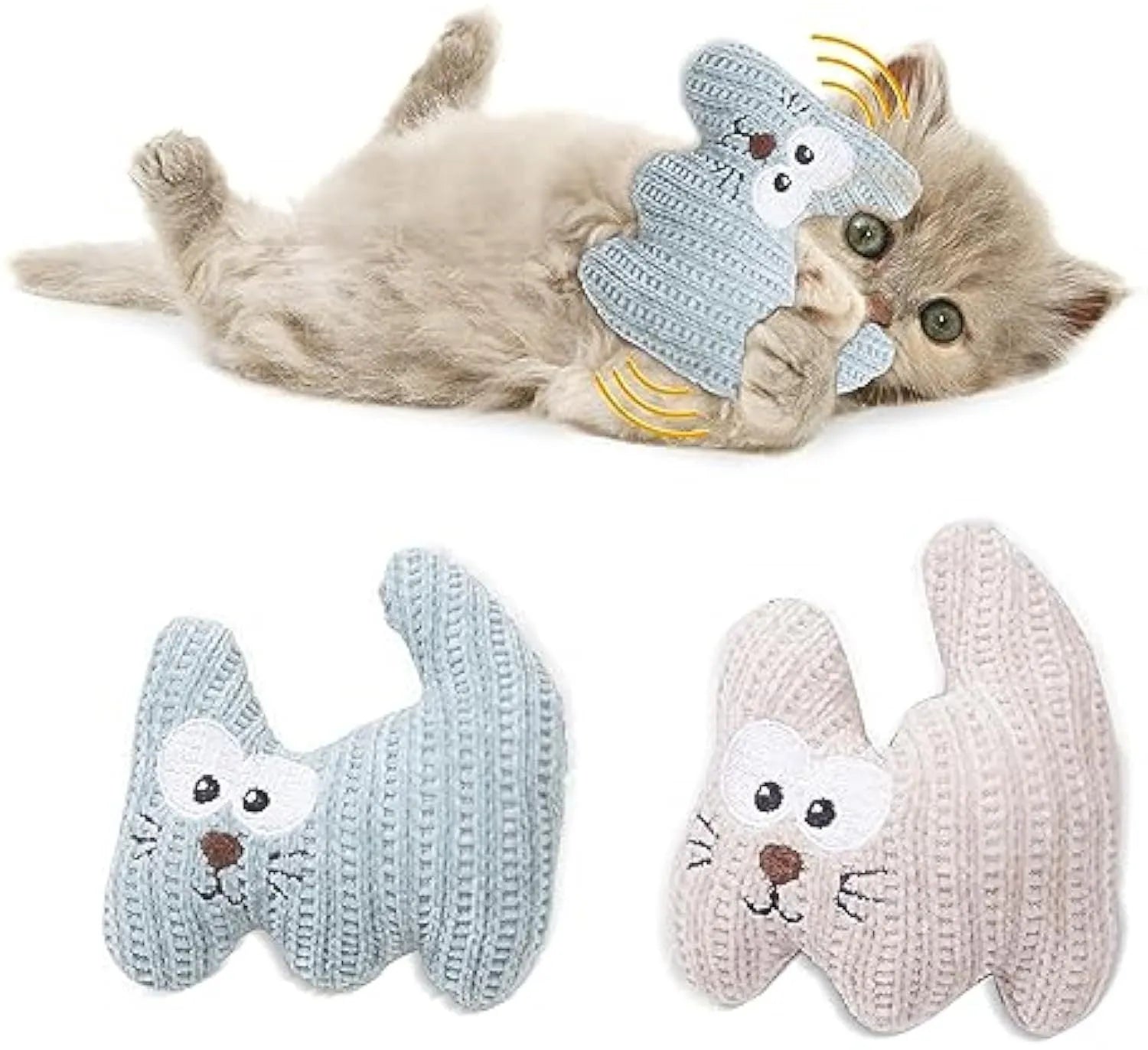 Cyan knitted plush cat toy with rope ends, shown next to a light coffee coloured version.