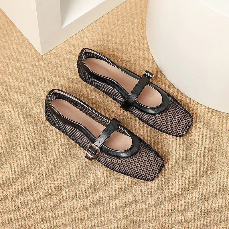 Women's beige mesh hollow out pumps with buckle fastening and square toe on a flat sole.