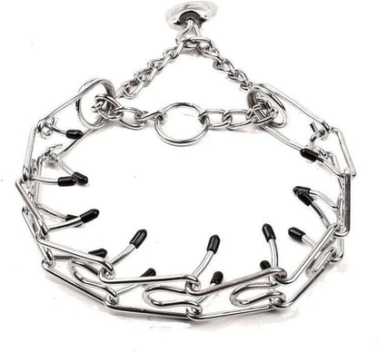 Stainless steel dog training collar with adjustable prong links and rubber comfort tips for medium to large dogs