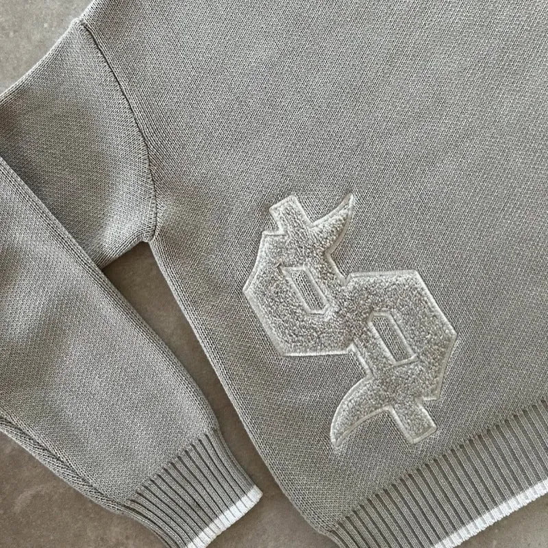 Grey jacquard loose-fitting knitwear coat with long sleeves for autumn winter