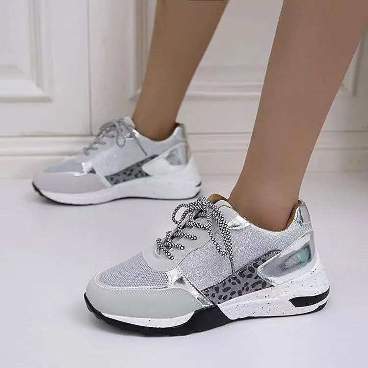 Women's lace-up wedge trainers in beige or grey with round toe, artificial PU upper and rubber sole, sizes 35-43