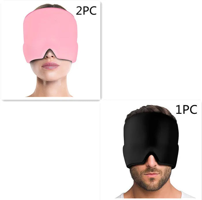 Black elastic cloth gel cold compress eye mask for headache relief on a grey background.