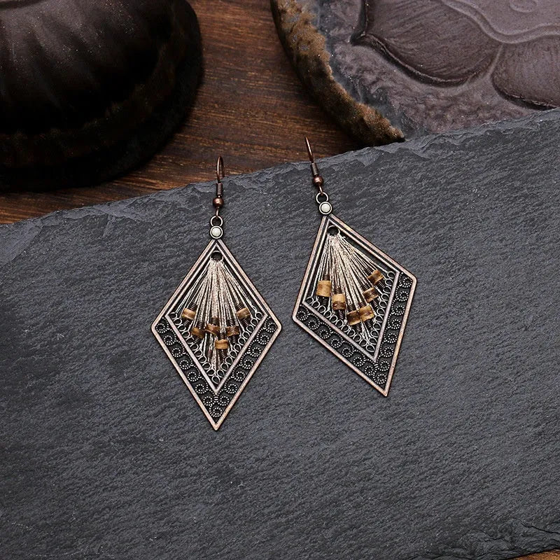 Bohemian geometric alloy earrings with colourful gold thread hand-woven detail, women's quadrilateral design, one pair
