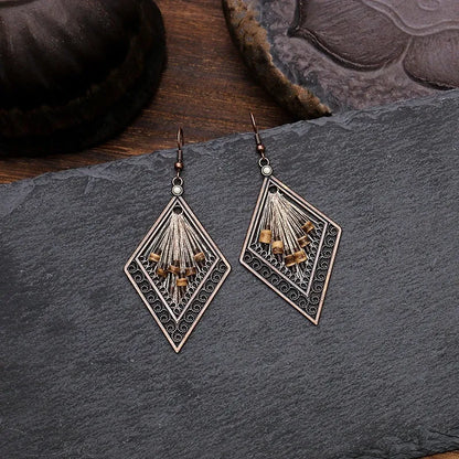 Bohemian geometric alloy earrings with colourful gold thread hand-woven detail, women's quadrilateral design, one pair
