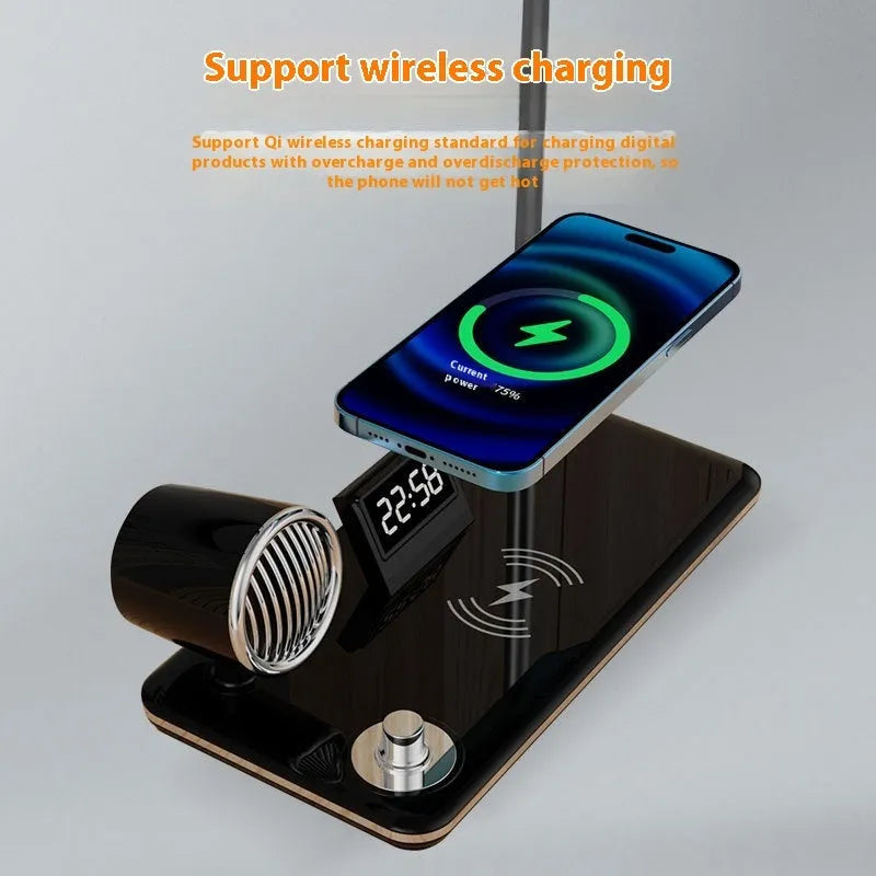 Intelligent wireless charging lamp with digital display time and eye-protection features for bedside use, featuring USB power supply and dual colour options in black or white, constructed from ABS PC materials for modern home or office settings