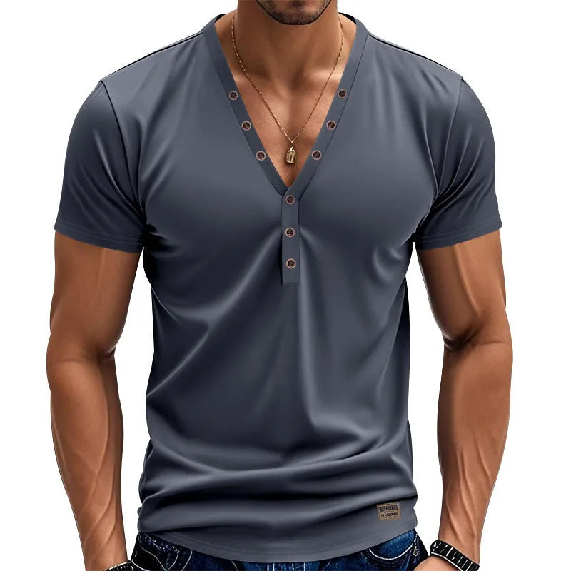 Men's loose V-neck pullover with button detail in a solid colour.