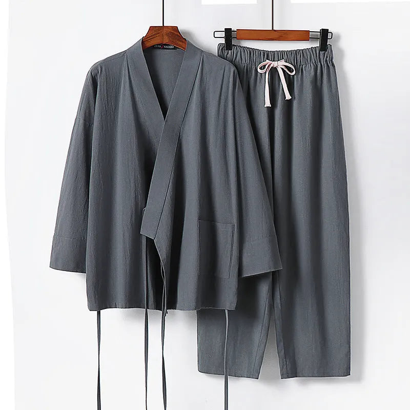 Cotton cardigan hanfu two-piece suit in five colours with shirt-style top and pants