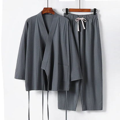 Cotton cardigan hanfu two-piece suit in five colours with shirt-style top and pants