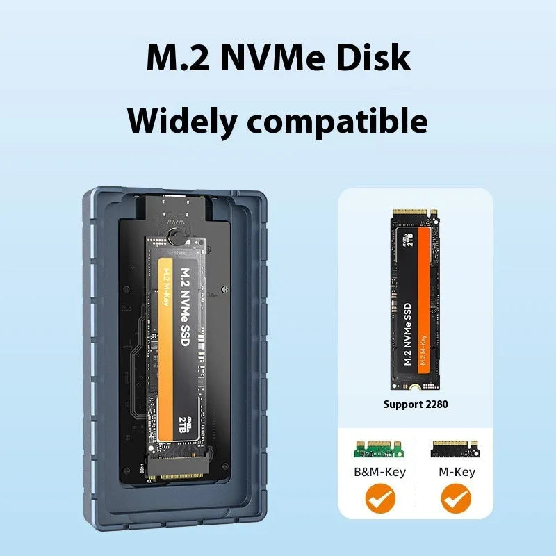 Slim aluminium USB4 hard disk enclosure for M.2 NVMe SSDs, shown next to a laptop.