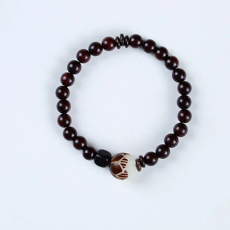 Natural rosewood bracelet with double ring and single circle bead designs in retro style