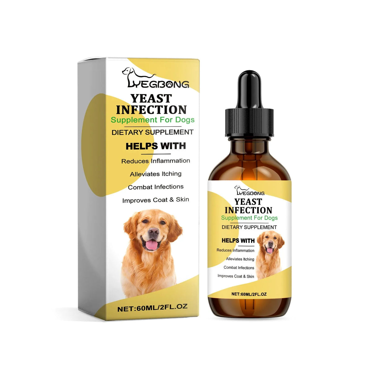 60ml herbal yeast supplement bottle for dogs, external skin care liquid product.